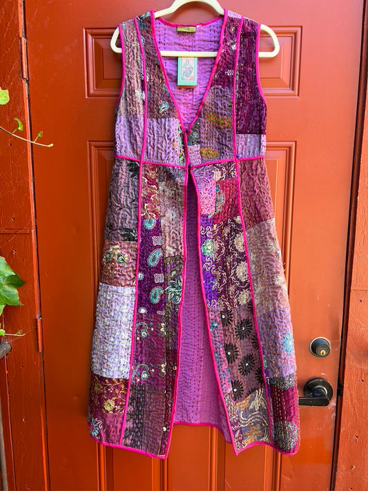 LONG PATCHWORK VEST IN PLUM AND PINK