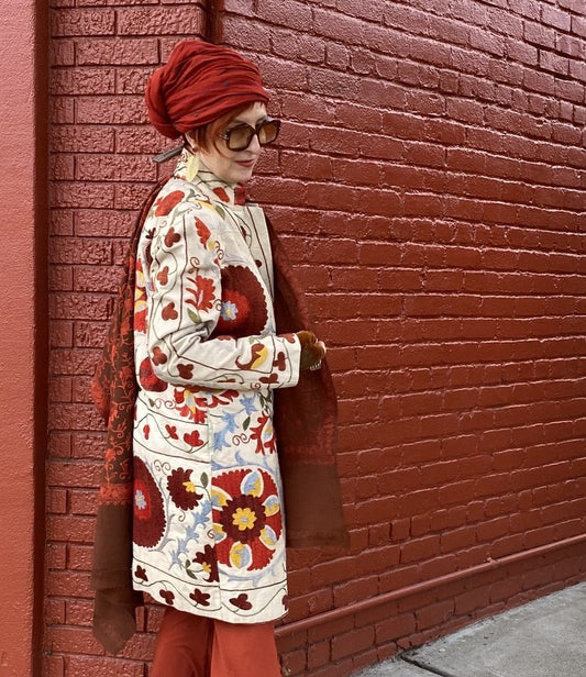 Suzani botton front coat cream red flowers Andrea Serrahn Serrahna