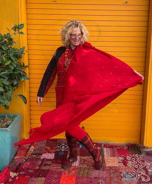 king sized merino wool hand embroidered mirrored shawl Andrea Serrahna Serrahna