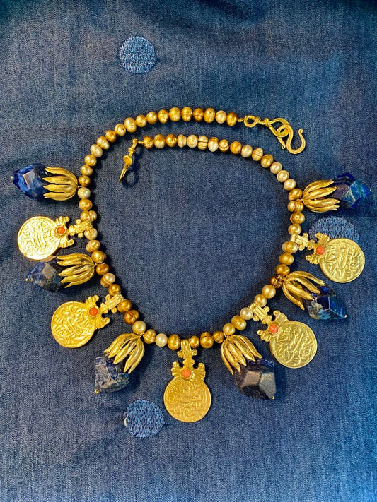 Lapis lazuli arabic gold coin dirty pearl necklace Andrea Serrahn Serrahna