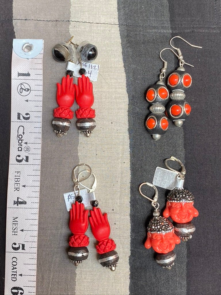 Red cinnabar praying lotus hand Nigerian silver belly bead laughing buddha resin red earrings Andrea Serrahn Serrahna