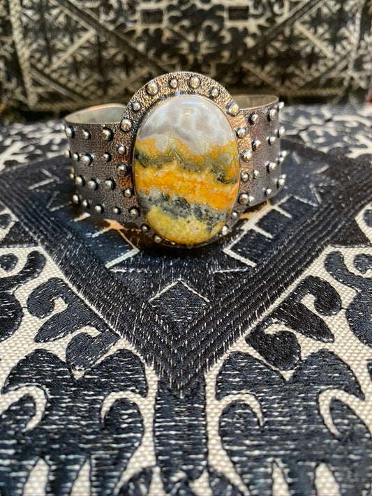 Oval Bumblebee jasper square 924 silver scroll work cuff Andrea Serrahn Serrahna