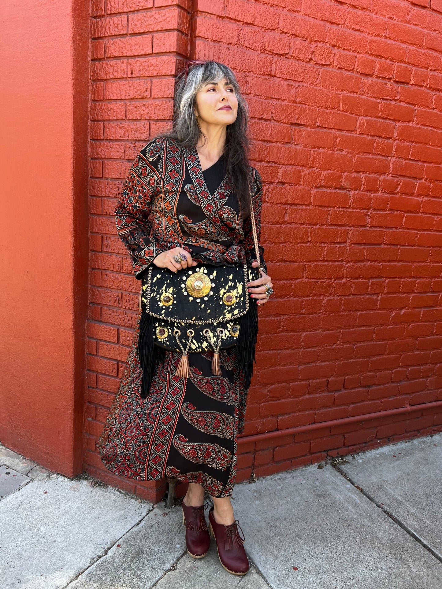 Appaloosa Bag pony hide purse bag leather braided straps mixed metal medallions suede fringe and tassels zip close carry handle briefcase bag Andrea Serrahn Serrahna