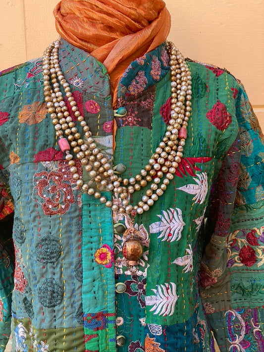 Patchwork coat hand embroidered nehru coallar Andrea Serrahn Serrahna