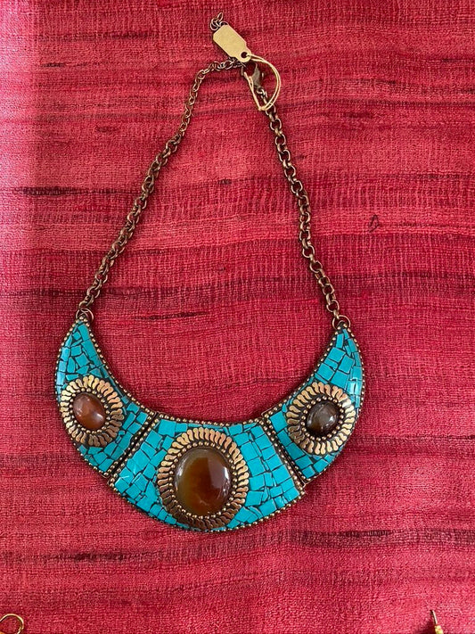 Turquoise brass carnelian agate chandelier necklace earrings Andrea Serrahn Serrahna