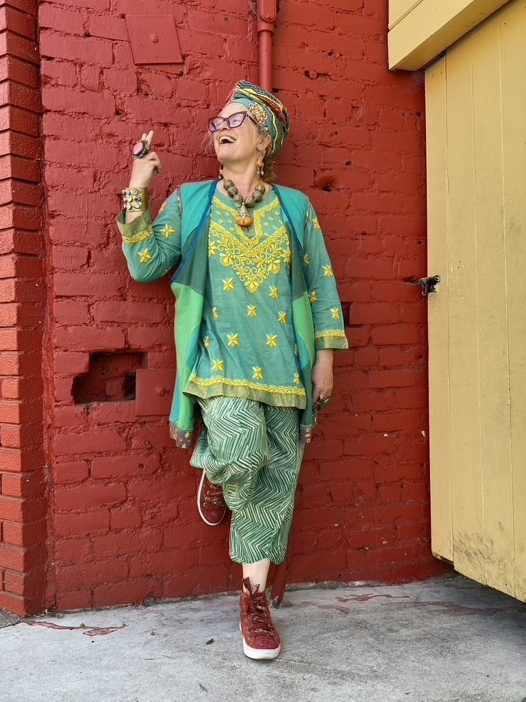 Short cotton kurti handloom embroidery yellow green tunic Andrea Serrahn Serrahna