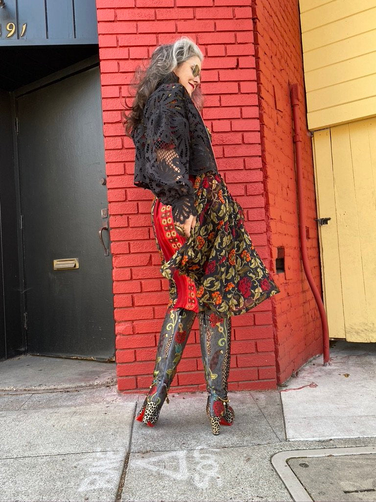 Over the knee leopard textile floral brocade red sole suede cuff boot Andrea Serrahn Serrahna
