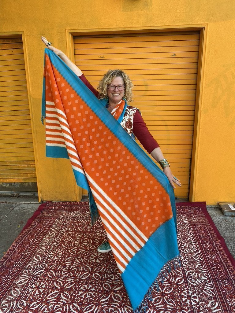 Bright aqua turquoise orange ikat shawl cotton Andrea Serrahn Serrahna