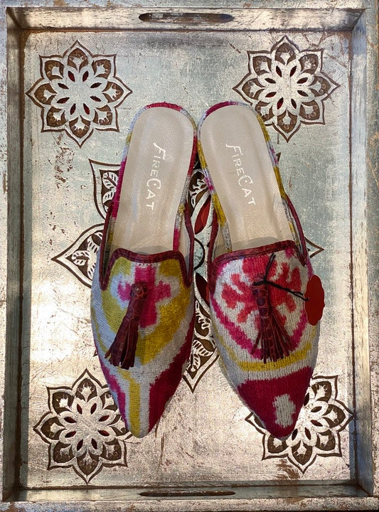 Silk velvet slides tassels Uzbeki Ikat Andrea Serrahn Serrahna