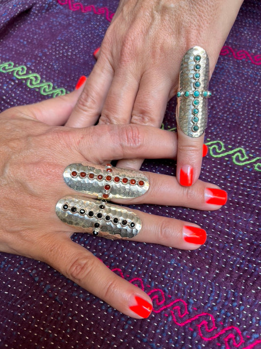 Hammered silver shield ring carnelian turquoise onyx long ring Andrea Serrahn Serrahna