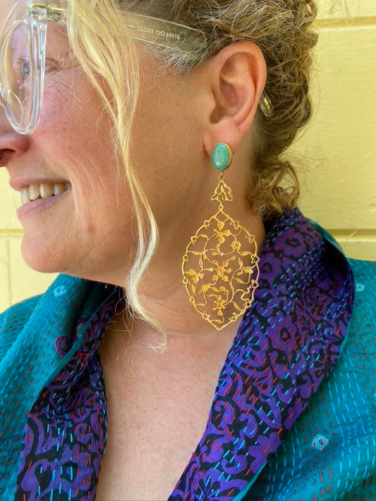 Brass lace vine arabesque earrings statement big earrings Andrea Serrahn Serrahna