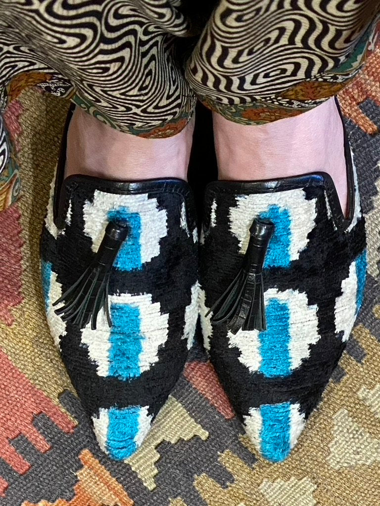 Silk velvet slides tassels Uzbeki Ikat Andrea Serrahn Serrahna