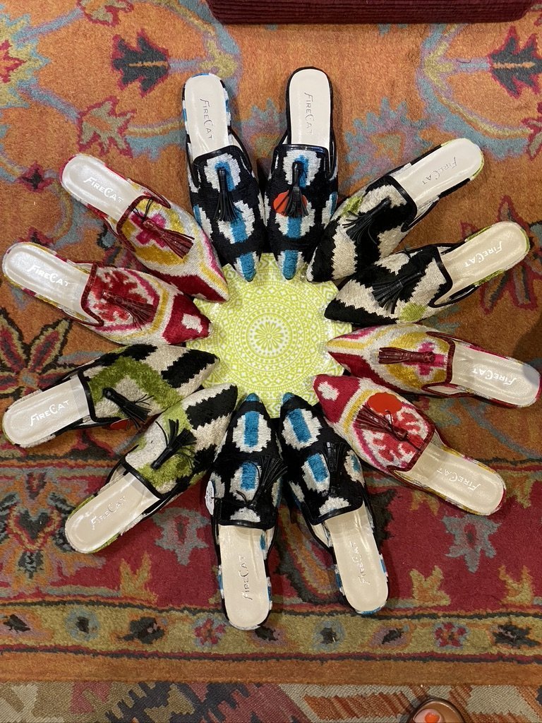 Silk velvet slides tassels Uzbeki Ikat Andrea Serrahn Serrahna