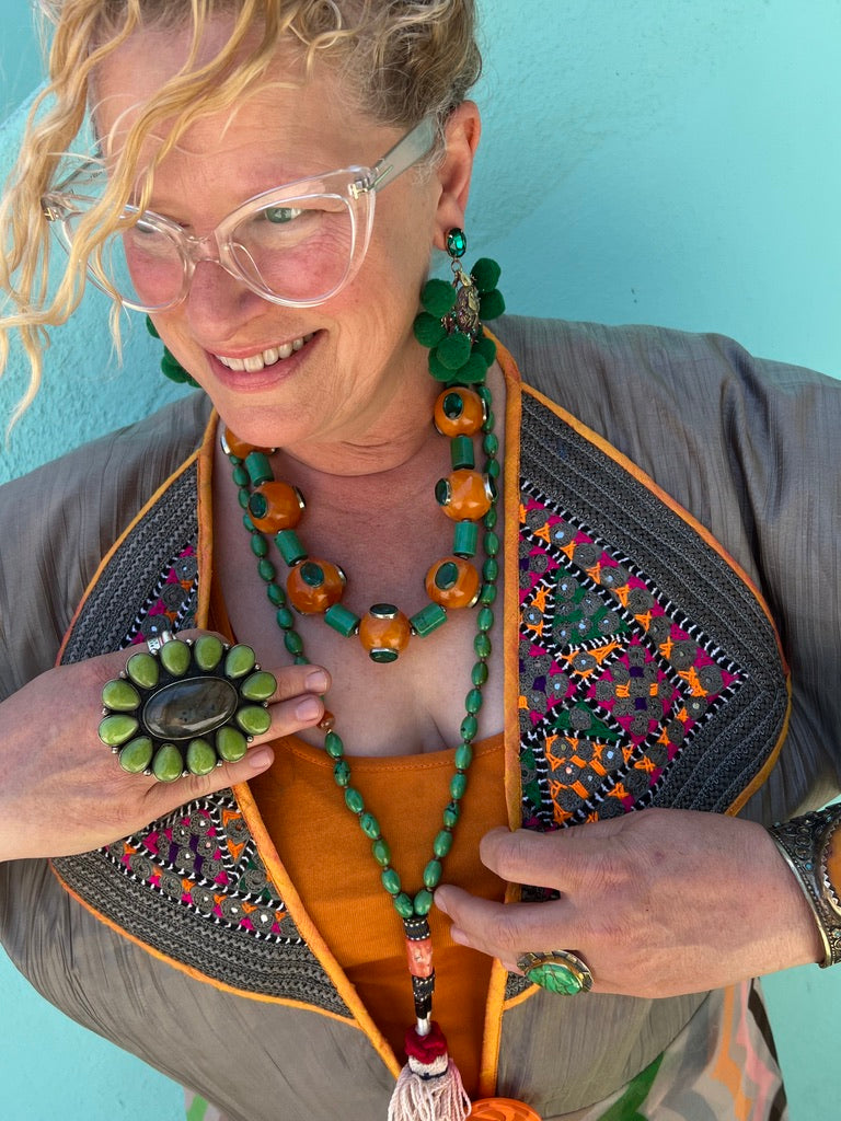 Emerald crystal amber resin orbs turquoise cylinder czech glass bead necklace Andrea Serrahn Serrahna