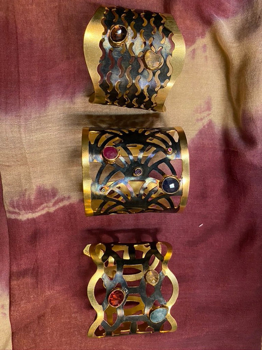 Rainbow tourmaline laser cut brass rhodium plated ooak cuff Andrea Serrahn Serrahna