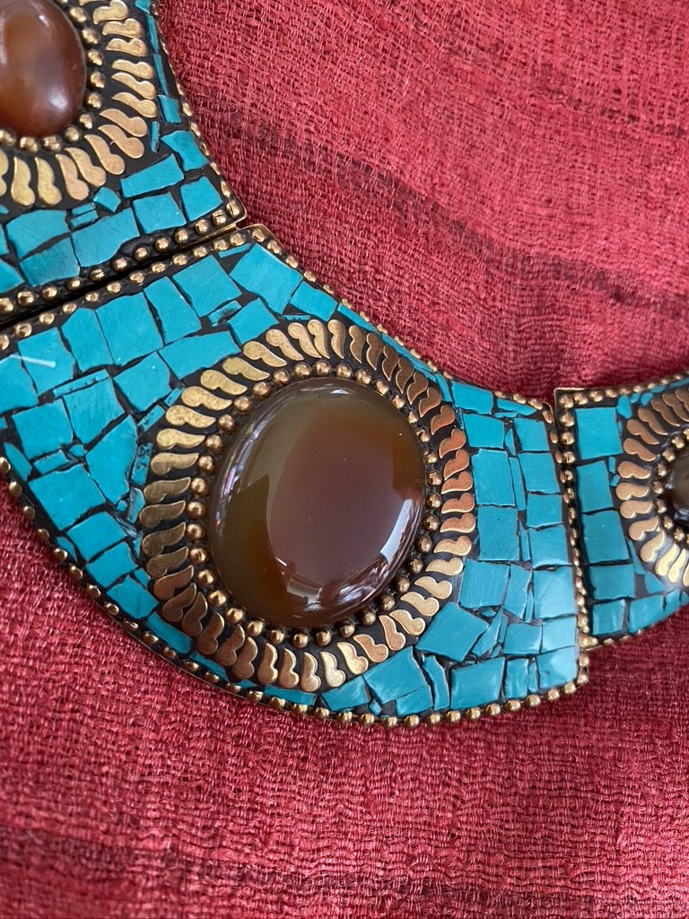 Turquoise brass carnelian agate chandelier necklace earrings Andrea Serrahn Serrahna