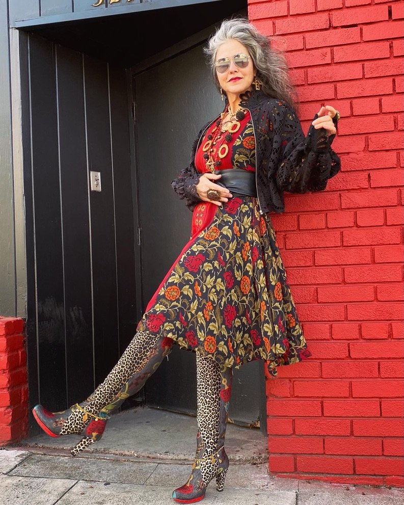 Over the knee leopard textile floral brocade red sole suede cuff boot Andrea Serrahn Serrahna