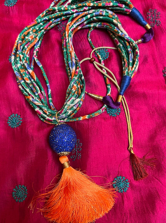 Silk ikat hand wrapped spaghetti adjustable cord necklace lightweight Andrea Serrahn Serrahna