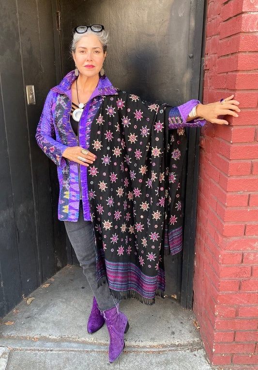 Starry night zenith shawl hand spun woolen yarn hand woven hand embroidered hand dyed Andrea Serrahn Serrahna