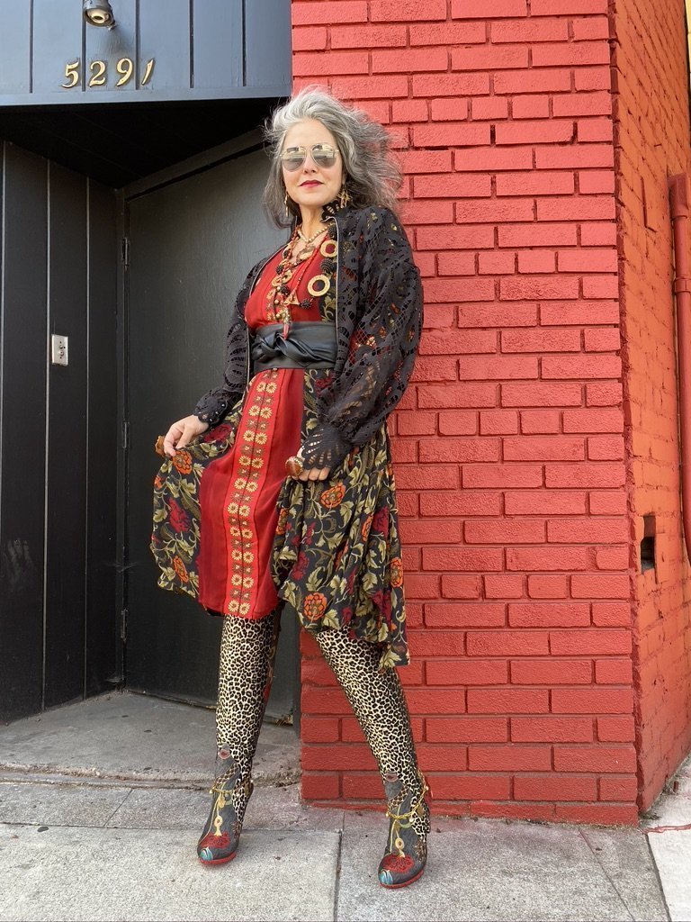 Over the knee leopard textile floral brocade red sole suede cuff boot Andrea Serrahn Serrahna