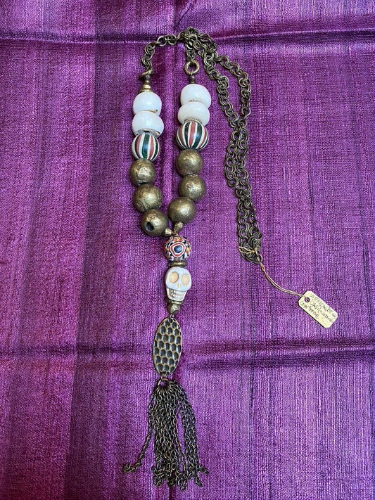 African cow bone brass handrolled ceramic Java skull bead necklace with brass tassle Andrea Serrahn Serrahna
