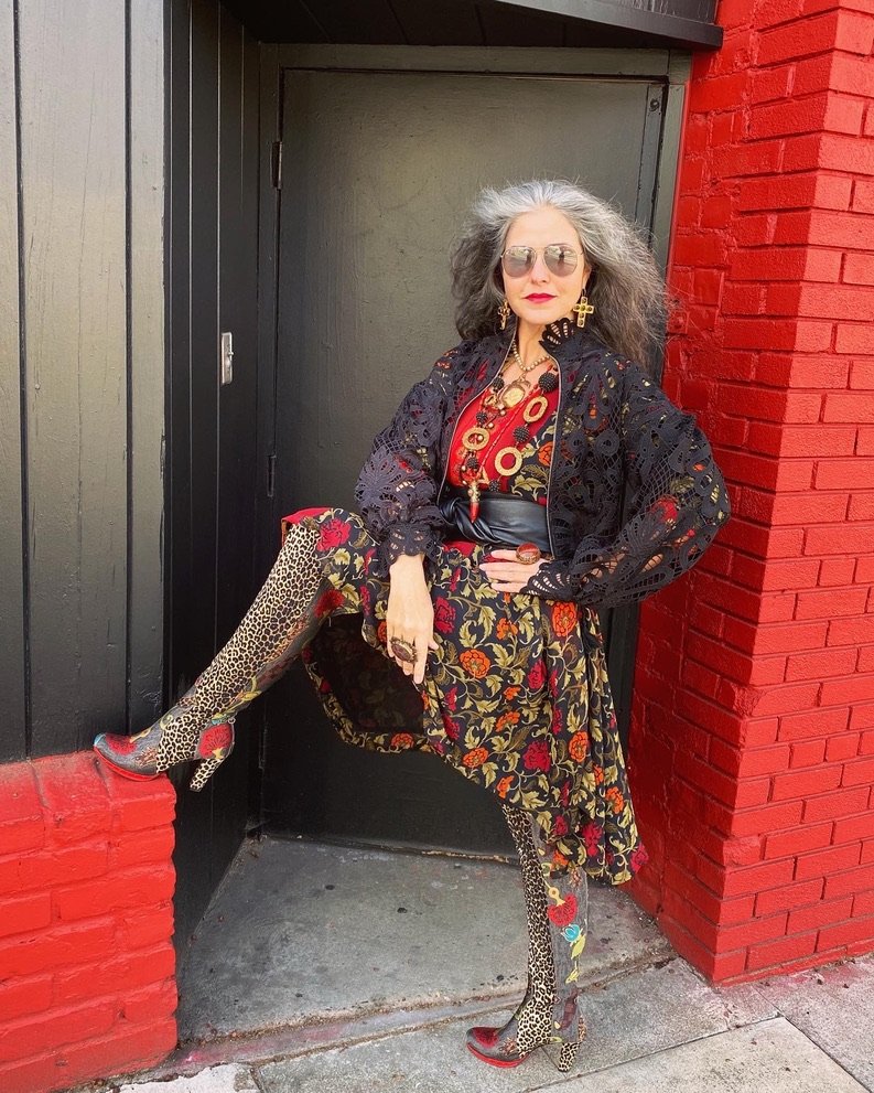 Over the knee leopard textile floral brocade red sole suede cuff boot Andrea Serrahn Serrahna