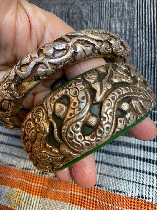 Silver repousse work snake dragon motif 90% sterling Tibetan silver bracelet Andrea Serrahn Serrahna
