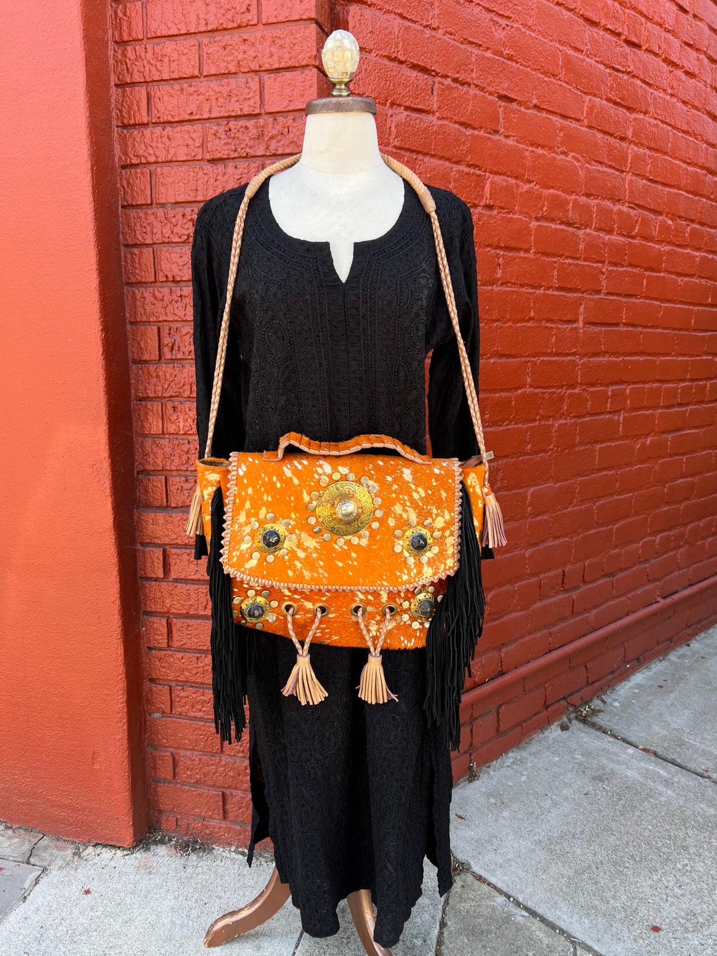 Appaloosa Bag pony hide purse bag leather braided straps mixed metal medallions suede fringe and tassels zip close carry handle briefcase bag Andrea Serrahn Serrahna