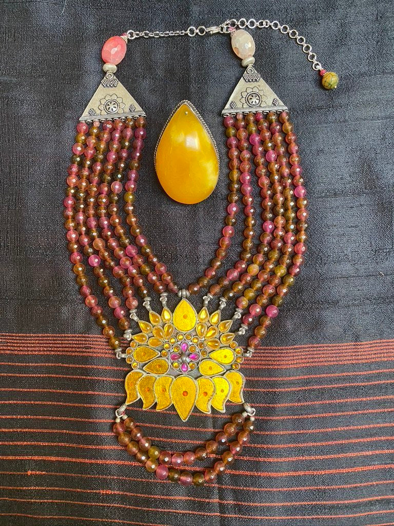 Vintage Himachal Pradesh glass mirrored pendant necklace crystal tourmaline Andrea Serrahn Serrahna