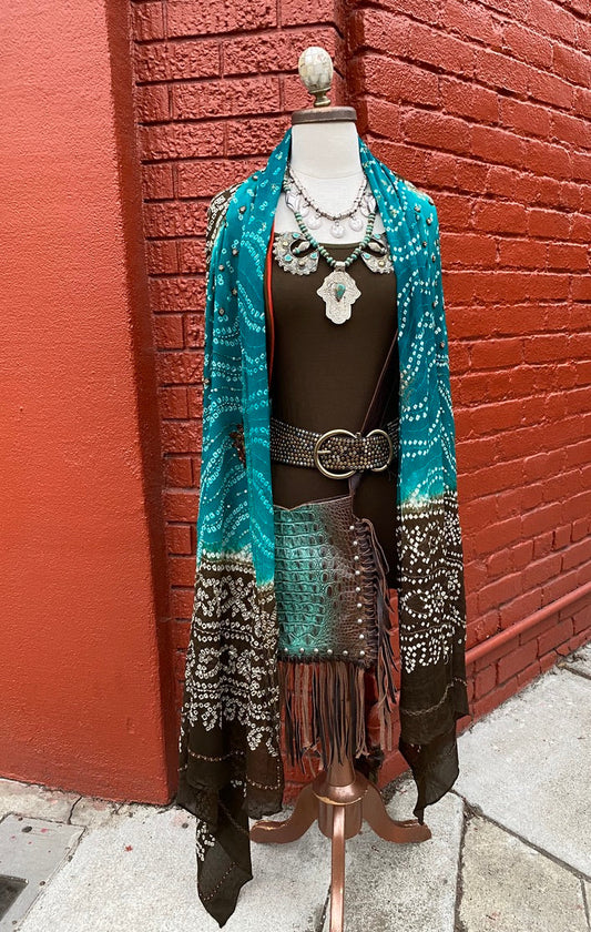 Mocha and teal bandhani shawl fringe bag Andrea Serrahn Serrahna