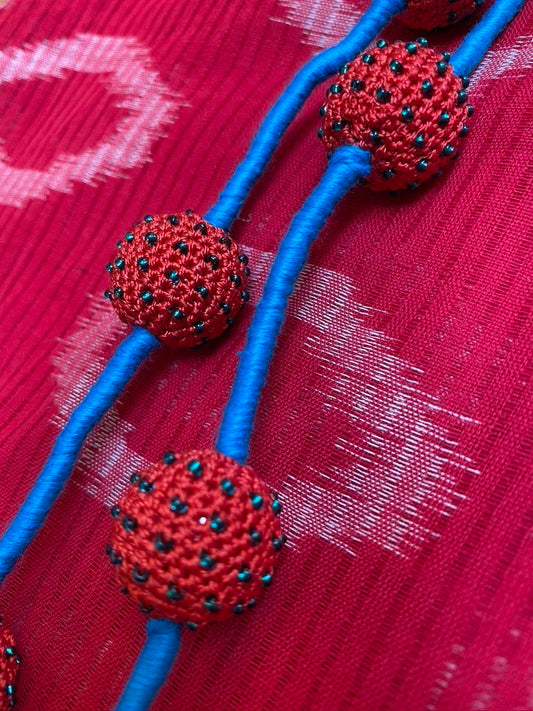 Hand wrapped hand crocheted bead cotton cording paprika red turquoise necklace Andrea Serrahn Serrahna