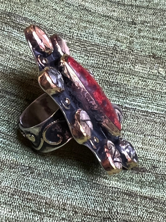 CORAL & CARVED QUARTZ PORTRAIT RING