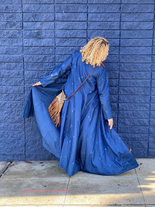 Ankle length cotton coat embroidery hand block printed Andrea Serrahn Serrahna