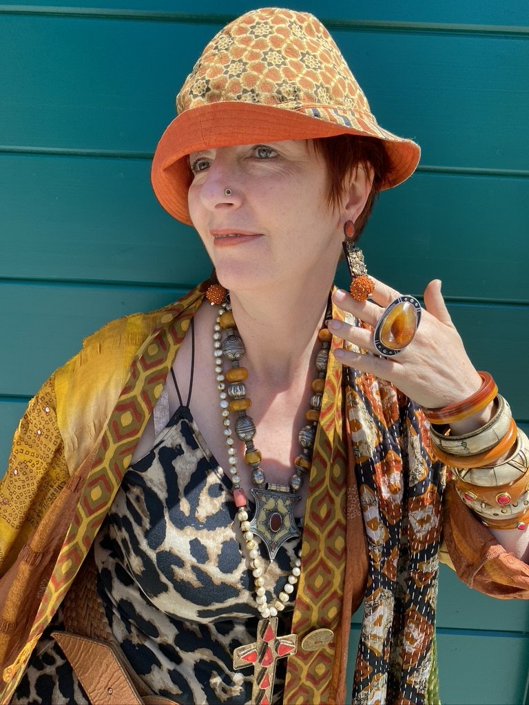 Silk fancy coat rust and honey gold ombre with mirror work and contrast trim Andrea Serrahn Serrahna