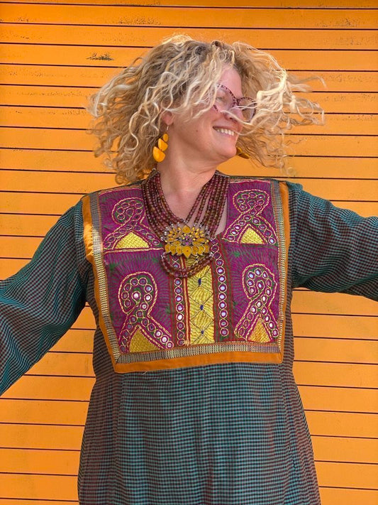 Tribal maxi dress tie back dress hand embroidered mirror work pockets cotton dress vintage mandala necklace giant amber ring Andrea Serrahn Serrahna