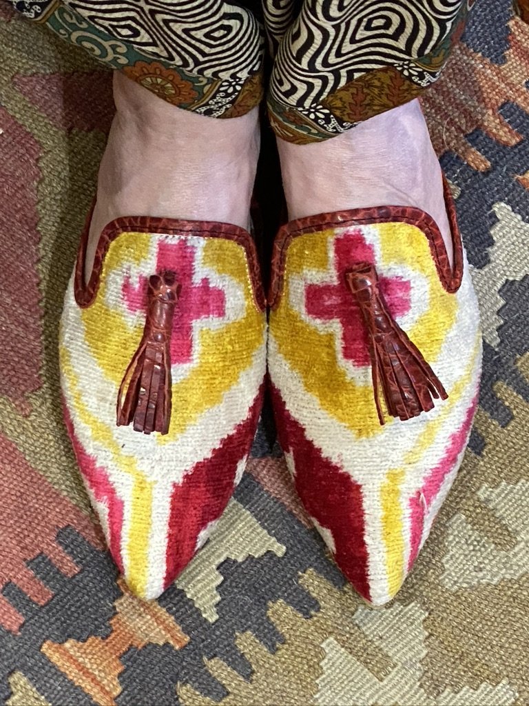 Silk velvet slides tassels Uzbeki Ikat Andrea Serrahn Serrahna