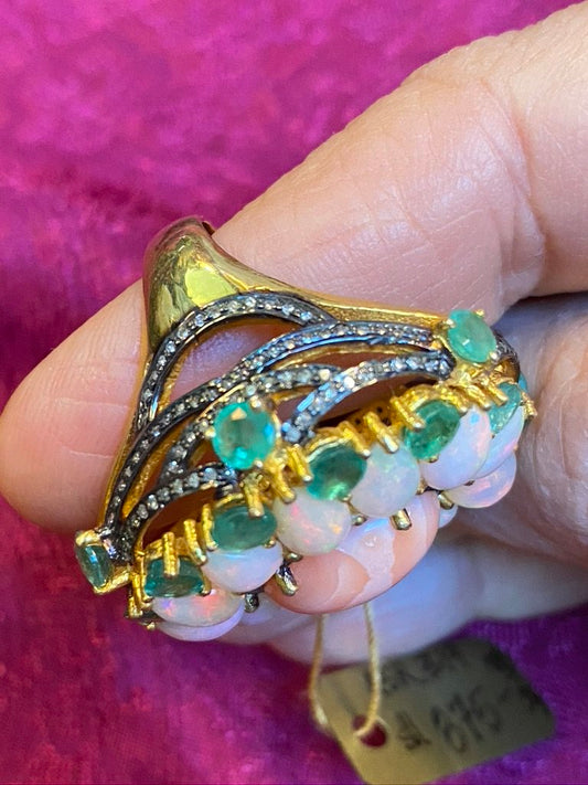 Magnum opus coral diamonds emerald opal portrait ring Andrea Serrahn Serrahna