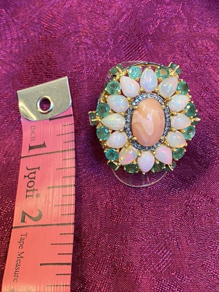 Magnum opus coral diamonds emerald opal portrait ring Andrea Serrahn Serrahna