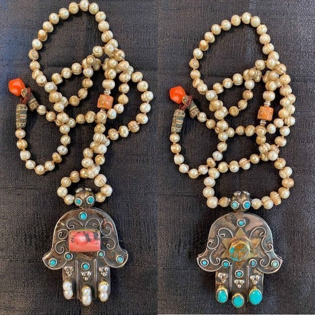 Coral turquoise pearl hamsa sa necklace Serrahna