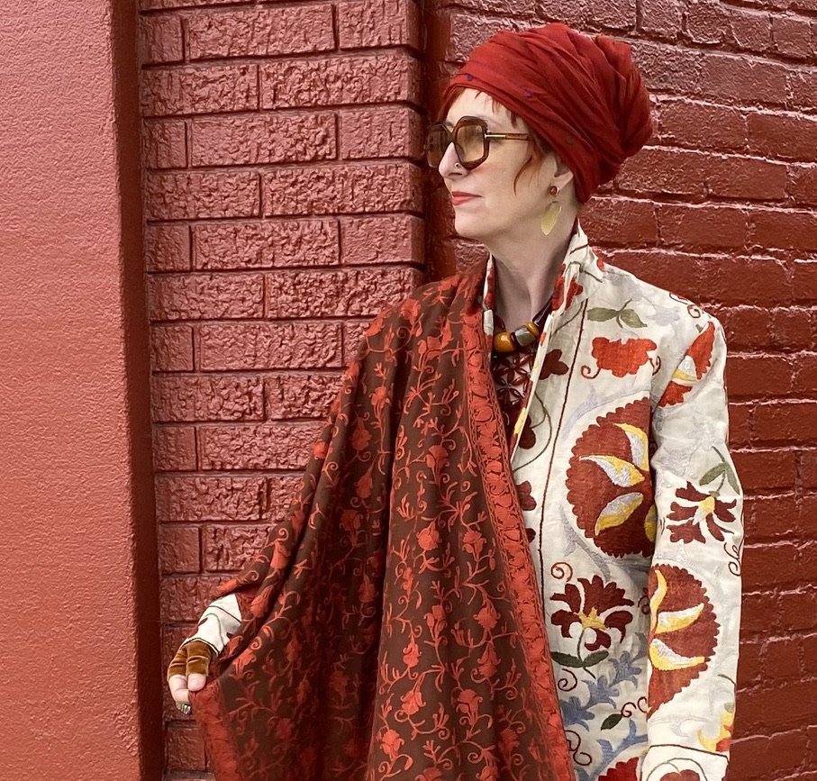 Suzani botton front coat cream red flowers Andrea Serrahn Serrahna