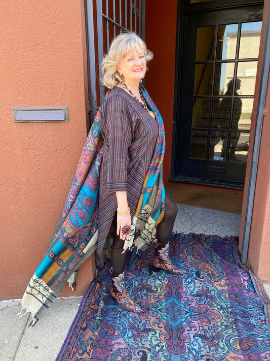 Pashmina shawl Cotton Kurti tunic Tapestry boots druzy necklace Andrea Serrahn Serrahna