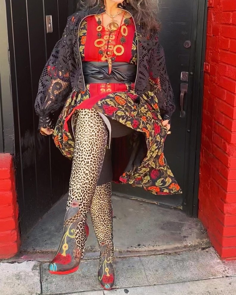 Over the knee leopard textile floral brocade red sole suede cuff boot Andrea Serrahn Serrahna