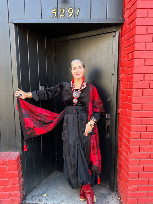 Red black tassles patchwork opera shawl Andrea Serrahn Serrahna