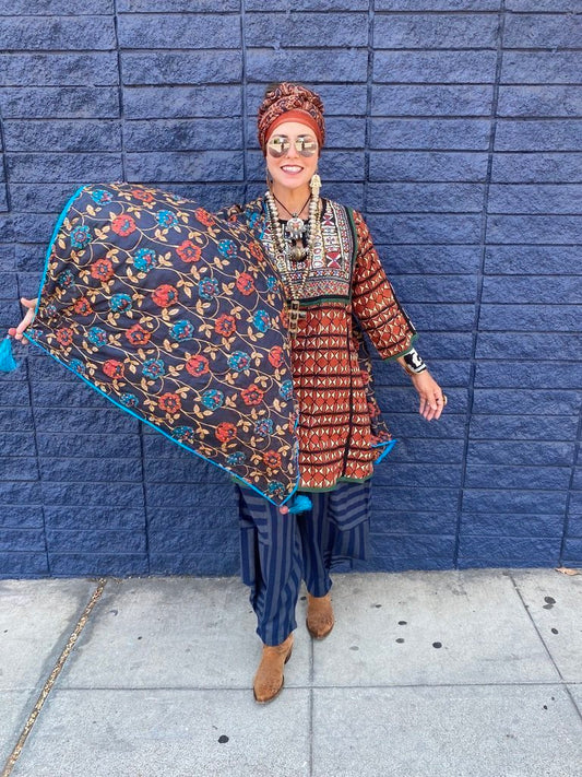 Silk hand embroidered french knots hand crocheted tassels shawl