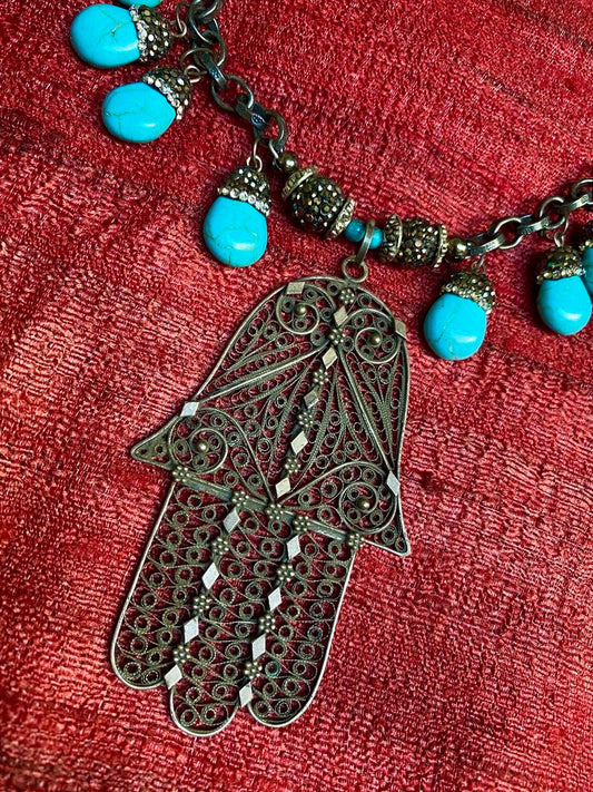 FILIGREE HAMSA TURQUOISE NECKLACE