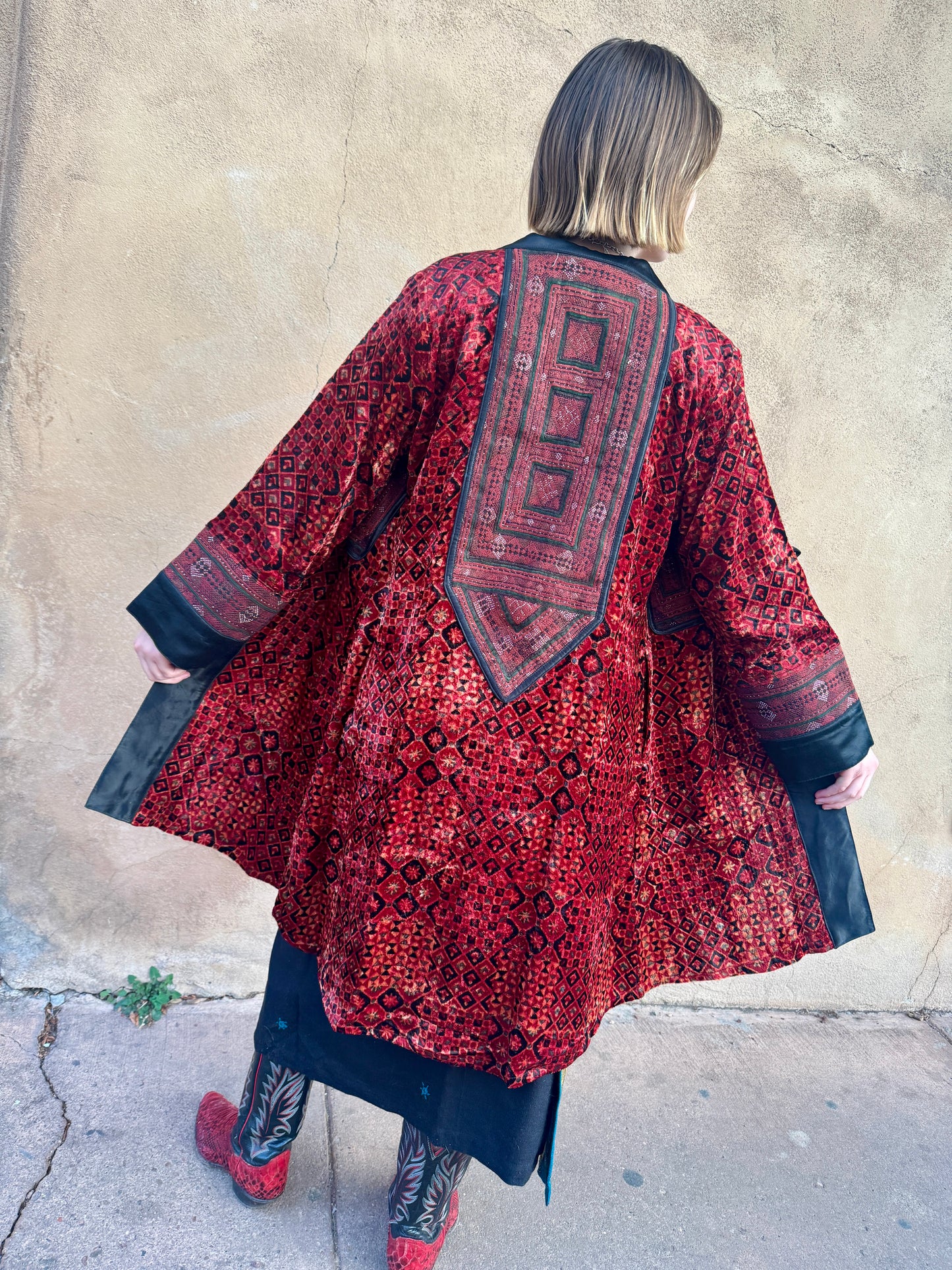 LUXE VELVET RED HAND EMBROIDERED SWING COAT