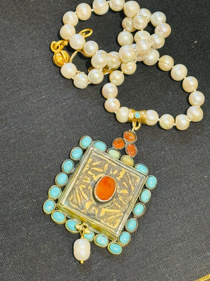 GEM ENCRUSTED BYZANTINE CROSS HAND KNOTTED PEARLS NECKLACE