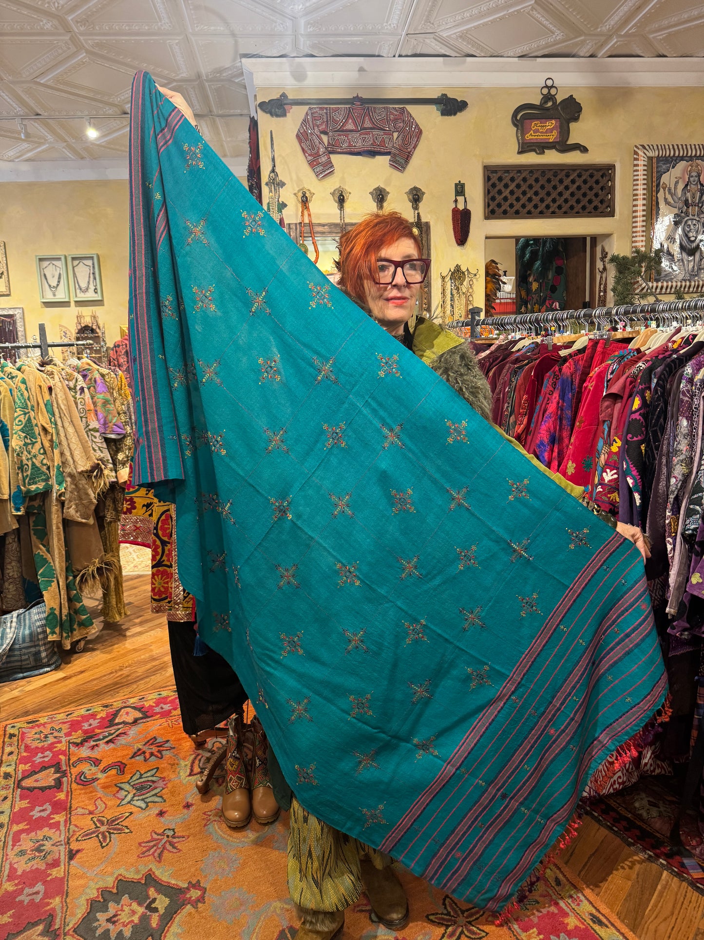 MASTERPIECE TEAL HAND-LOOMED SOOF WOOL SHAWL