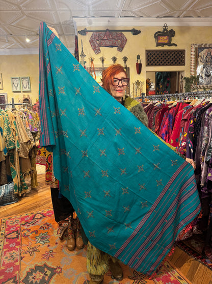 MASTERPIECE TEAL HAND-LOOMED SOOF WOOL SHAWL