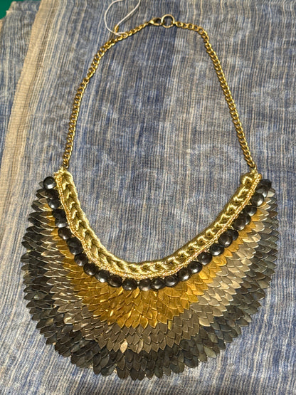 RBG INTRICATE METAL FISH SCALE YOKE BIB NECKLACE